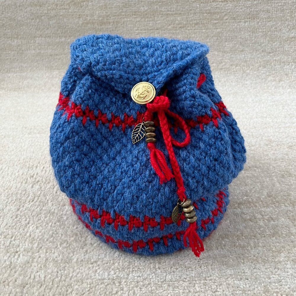 Handmade Blue Knit Bucket Backpack